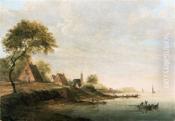 Dorf An Einem Fluss Mit Fischern Im Vordergrund - view 1