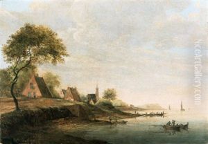 Dorf An Einem Fluss Mit Fischern Im Vordergrund Dorf An Einem Fluss Mit Fischern Im Vordergrund