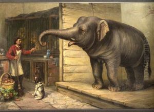 Hinter Den Kulissen Eines Wanderzirkusses Futtert Ein Gehilfe Einen Elefanten Mit Mohren by Victor Zeppenfeld