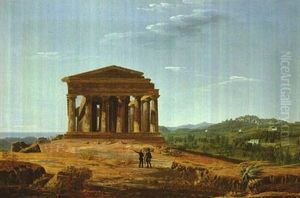 The Temple Of Concordia With Two Figures In The Foreground, The Town Of Agrigento In The Distance