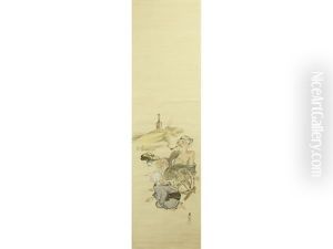 An Elderly Couple, The Man Resting And Smoking A Pipe, Whilst The Woman Crouched At His Feet Spins Thread Onto A Spool