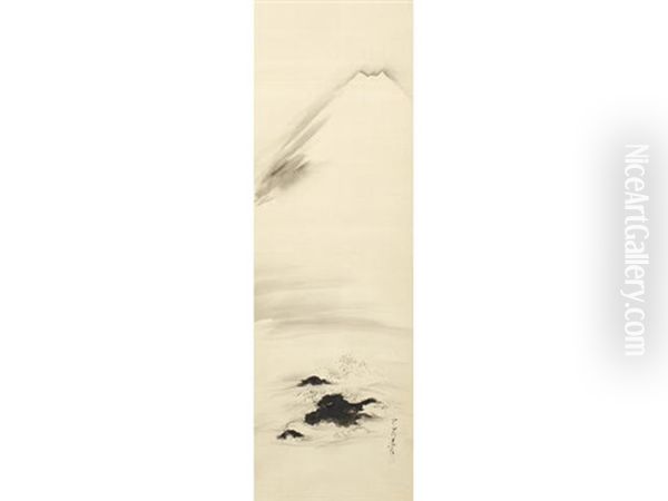 Mount Fuji Looming In The Distance Above A Flock Of Plovers In Flight Over Waves Lapping Against Rocks - view 1