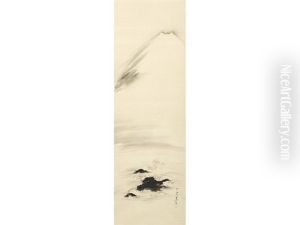 Mount Fuji Looming In The Distance Above A Flock Of Plovers In Flight Over Waves Lapping Against Rocks