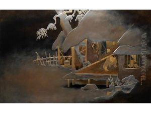 Panel With Design Of Farmhouse In The Snow At Sano (set Of 4)