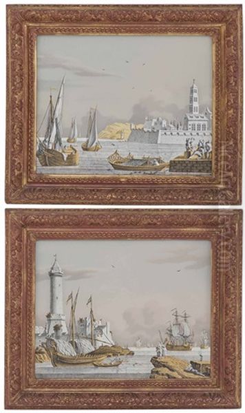 A Coastal Scene With Boats, Fishermen And A Fortification In The Background (+ A Harbour Scene With Various Boats And A Tower To The Left; Pair) - view 1