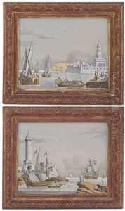 A Coastal Scene With Boats, Fishermen And A Fortification In The Background (+ A Harbour Scene With Various Boats And A Tower To The Left; Pair) by Jonas Zeuner