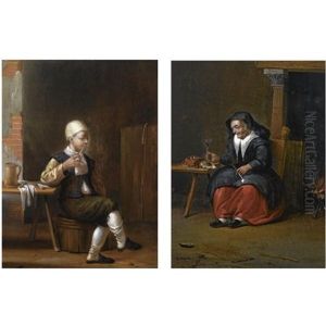 A Man Sitting At A Table And Smoking In An Inn ( + An Elderly Woman Smoking And Holding A Wine Glass In An Inn; Pair) by Francois Paludanus Zevenbergen