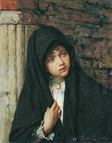 Junge Frau Mit Schwarzem Umhang Und Rose - view 1