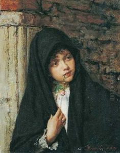 Junge Frau Mit Schwarzem Umhang Und Rose by Alessandro Zezzos