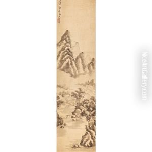 Hanging Scroll, Huts In A Mountain Landscape by Zhang Wentao