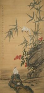 Bamboo, Rock And Birds by Zhu Ying