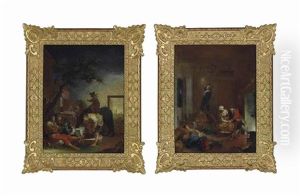 Evening: Figures Resting And Washing By A Fountain, With Another Figure On Horseback, A Town Beyond; And Night: An Interior With Figures Resting, An Amorous Couple By An Open Fire And A Figure Reading The Time With A Candle (2 Works) by Januarius Zick
