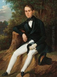 Portrait Eines Jungen Mannes, Vor Einem Landschaftshintergrund Sitzend Portrait Eines Jungen Mannes, Vor Einem Landschaftshintergrund Sitzend