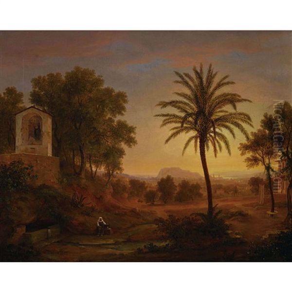 Sudliche Landschaft Im Abendrot Mit Bauerin - view 1