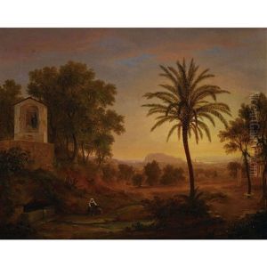 Sudliche Landschaft Im Abendrot Mit Bauerin by Hans Salomon Ziegler