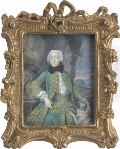 Anna Sophia Christina, Grafin Von Erbach (1708 - 1759), In Grunem Jagdkostum, Mit Mops by Johann Ziegler