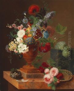 A Still Life Of Flowers And Fruit by Georges Frederic Ziesel