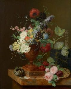 Vase De Fleurs, Corbeille De Roses, Grappes De Raisins Et Nid Sur Un Entablement by Georges Frederic Ziesel