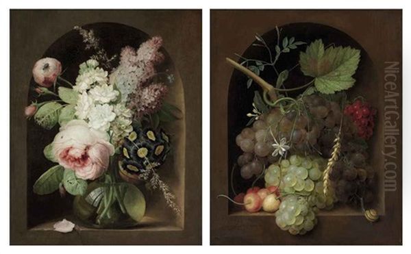 Roses, Hyacinth And Other Flowers In A Glass Vase In A Stone Niche (+ Grapes, Cherries And Wheat With A Snail In A Stone Niche; Pair) - view 1