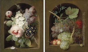 Roses, Hyacinth And Other Flowers In A Glass Vase (+ Another; Pair) by Georges Frederic Ziesel