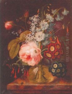 Blomsterbukett Pa Marmorsockel by Georges Frederic Ziesel