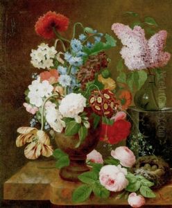 Still Life Of Lilac In A Glass Vase On A Marble Plinth Beside Other Flowers In An Urn On A Marble Ledge With Roses And A Bird's Nest by Georges Frederic Ziesel