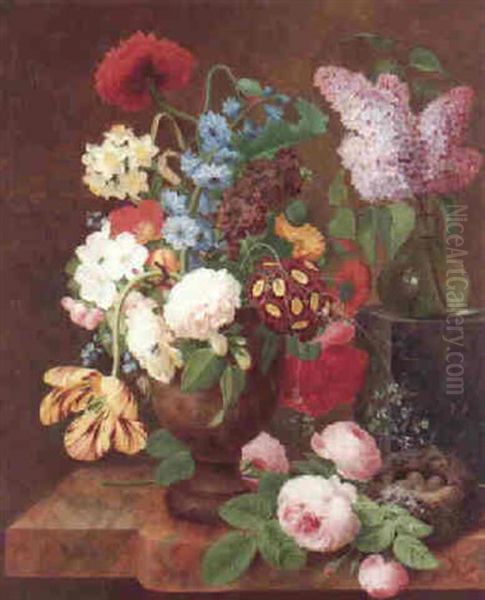 Still Life Of Flowers In A Glass Vase And Urn, And A Bird's Nest - view 1