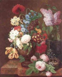Still Life Of Flowers In A Glass Vase And Urn, And A Bird's Nest by Georges Frederic Ziesel