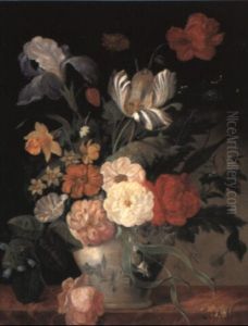 Stilleben Mit Blumen In Einer Bemalten Keramikvase by Georges Frederic Ziesel