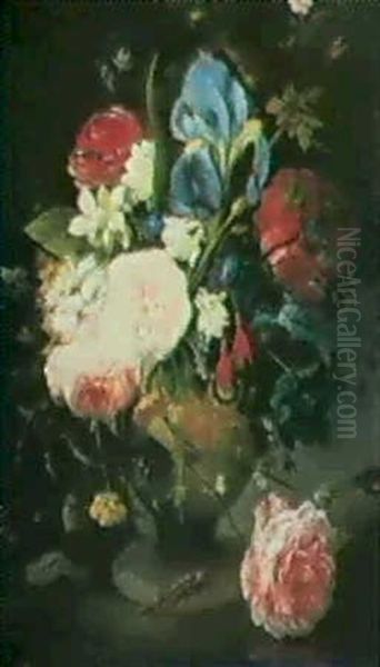Mixed Flowers In An Urn Fruit By An Overturned Basket - view 1
