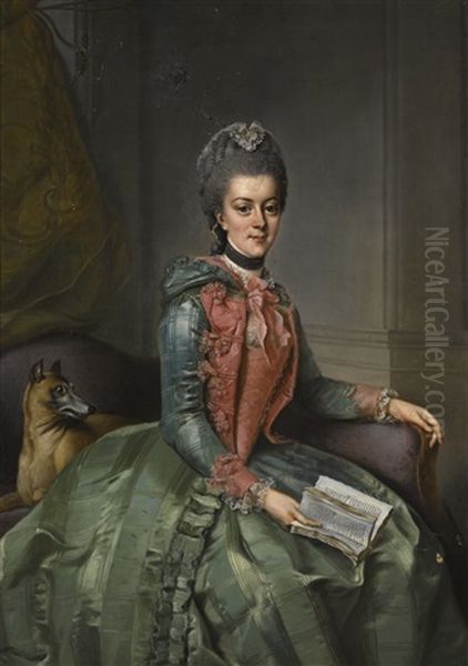 Portrait Of Frederika Sophia Wilhelmina Of Prussia, Princess Of Orange (1751-1820), Three-quarter-length Seated, In A Green Dress With Red Bodice, Holding An Open Book, With Her Dog - view 1
