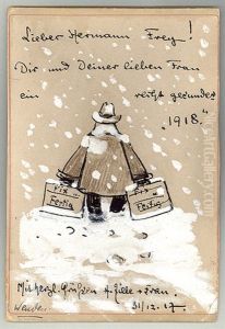 Hand-coloured And Handwritten Postcard New Year Greetings by Heinrich Zille