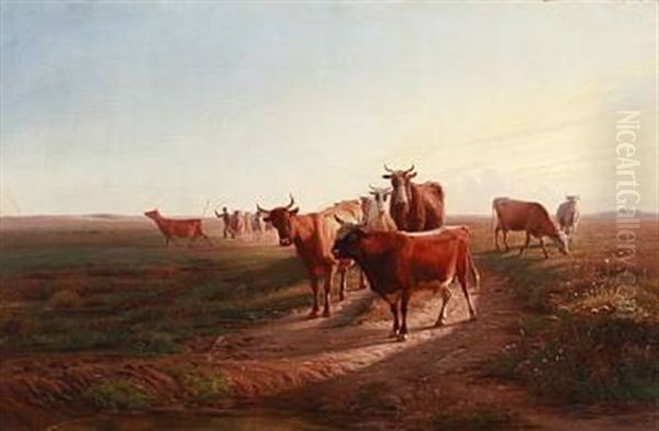 A Shepherd With His Cattle On A Field - view 1