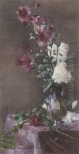 Chrysanthemums In A Glass Vase On A Table by Jenny Zillhardt