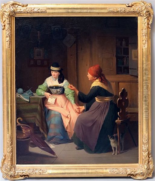 Bauernstube Mit Jungem Madchen Und Grosmutter Mit Katze - view 1