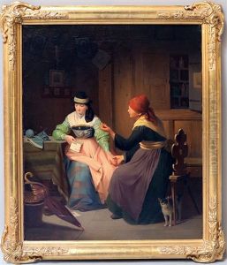Bauernstube Mit Jungem Madchen Und Grosmutter Mit Katze by Franz Xaver Zimmer