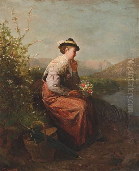 Dirndl Mit Blumenstraus, Am Seeufer Rastend - view 1