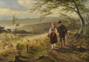 Landschaft Im Thuringer Wald: Jager Und Junge Frau In Tracht Im Gesprach Einen Hohenweg Entlanglaufend by Wilhelm Carl August Zimmer