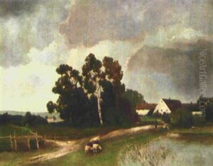 Landschaft Mit Gehoft Und Schafen Am Wegrand by Alfred Zimmermann