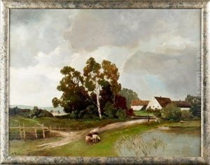 Dorfidylle Mit Weidenden Schafen Am Weiher by Alfred Zimmermann