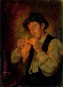 Sich Pfeife Anzundender Mann by Alfred Zimmermann