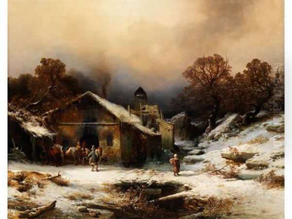 Verschneite Landschaft Mit Bauernhaus Und Figurenstaffage - view 1