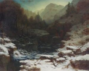 Winterliche Gebirgsschlucht Mit Abgebrannter Muhle by August Richard Zimmermann