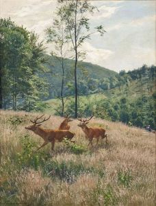 Hirschgruppe Auf Waldwiese by Carl Zimmermann