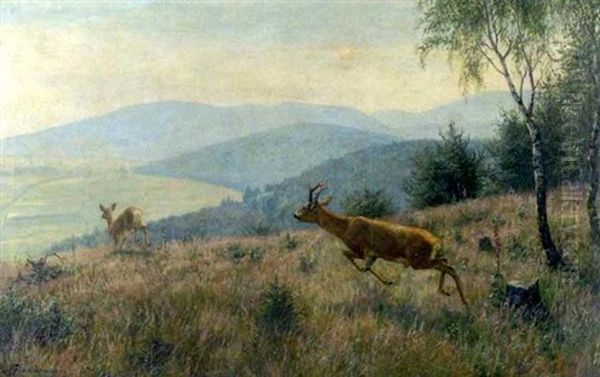 Springender Rehbock Und Ricke Am Waldrand Mit Blick Auf Eine Industrieanlage - view 1