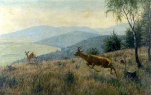 Springender Rehbock Und Ricke Am Waldrand Mit Blick Auf Eine Industrieanlage by Carl Zimmermann
