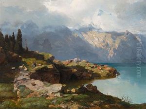 Felsiges Bergseeufer Mit Hirtin Und Herde by Friedrich Zimmermann