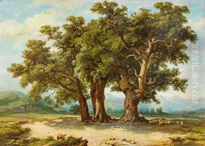 Rast Unter Eichen. Schaferin Mit Ihrer Herde Unter Prachtvoller Eichengruppe Vor Gebirgshintergrund by Max Zimmermann