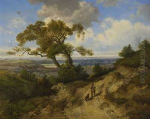 Wanderer Mit Hund In Hugeliger Landschaft by Max Zimmermann