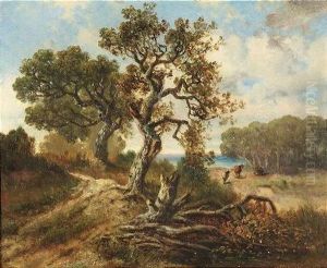 Sommerlandschaft Mit Alten Eichen An Einem See by Max Zimmermann